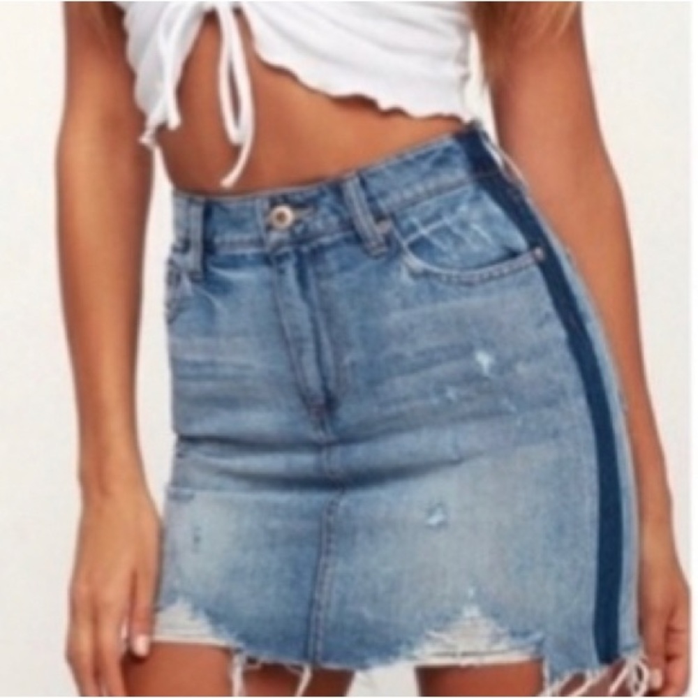Pistola Medium Wash Two-Tone Distressed Denim Skirt darker stripe down each side